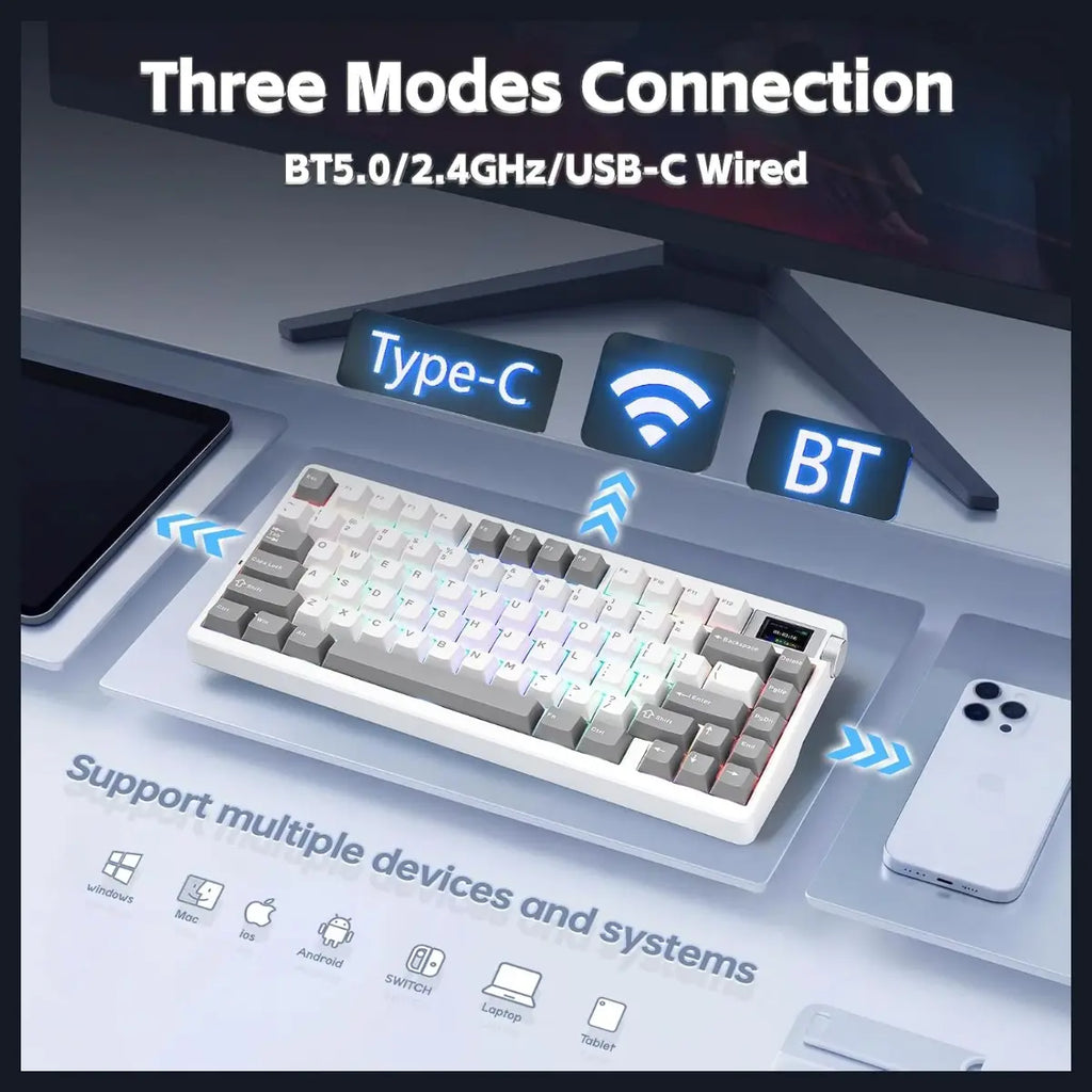 AULA Nova75 Mechanical Gaming Keyboard, 75% Compact, Bluetooth 5.0, 2.4GHz, USB-C, TFT Screen and Volume Knob, 8000mAh Battery, RGB Backlit, Hot Swappable, Star Vector Switch, Grey White
