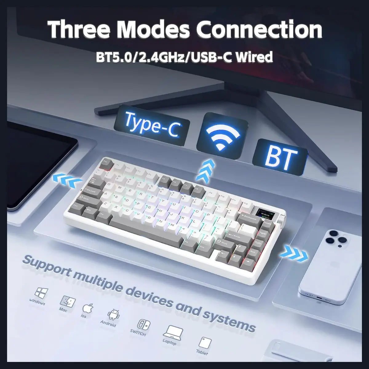 AULA Nova75 Mechanical Gaming Keyboard, 75% Compact, Bluetooth 5.0, 2.4GHz, USB-C, TFT Screen and Volume Knob, 8000mAh Battery, RGB Backlit, Hot Swappable, Star Vector Switch, Grey White