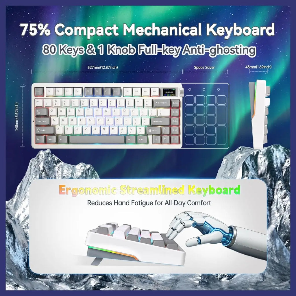 AULA Nova75 Mechanical Gaming Keyboard, 75% Compact, Bluetooth 5.0, 2.4GHz, USB-C, TFT Screen and Volume Knob, 8000mAh Battery, RGB Backlit, Hot Swappable, Star Vector Switch, Grey White