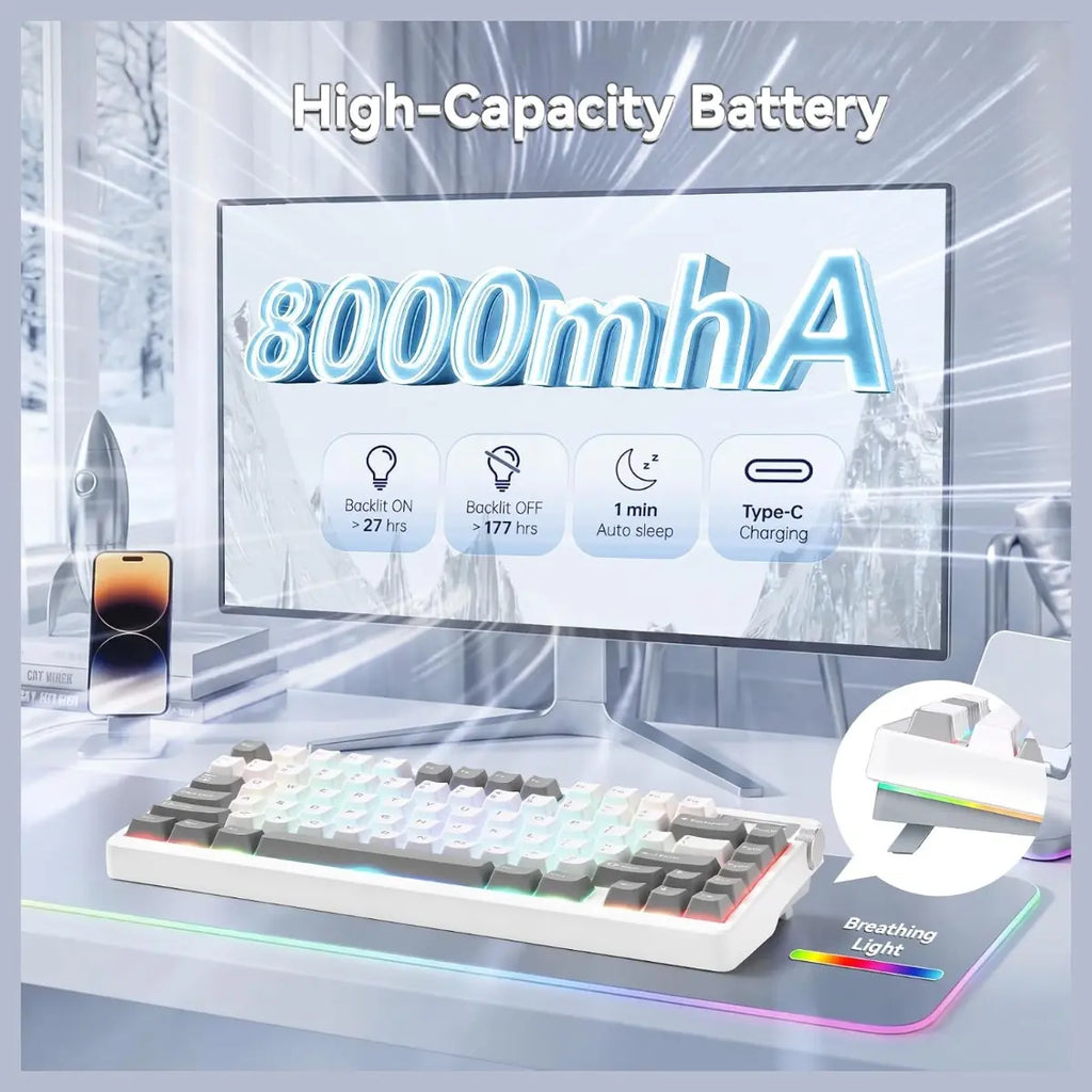 AULA Nova75 Mechanical Gaming Keyboard, 75% Compact, Bluetooth 5.0, 2.4GHz, USB-C, TFT Screen and Volume Knob, 8000mAh Battery, RGB Backlit, Hot Swappable, Star Vector Switch, Grey White