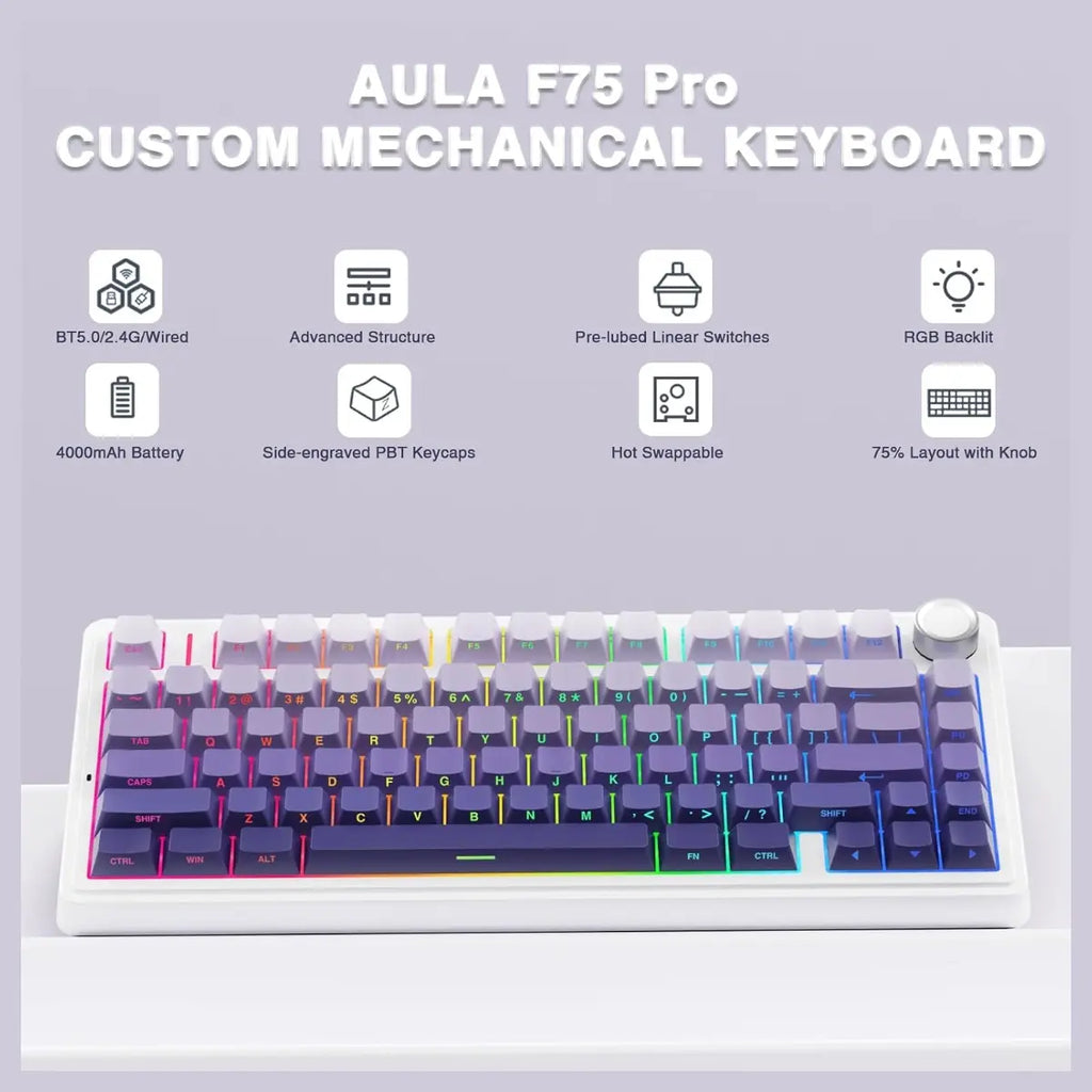 AULA F75 Pro Wireless Mechanical Keyboard, 75% 81-Key Hot Swappable, Tri-Mode Bluetooth 5.0 2.4GHz USB Wired, 4000mAh Battery, 16.8 Million RGB, Star Vector Switch, Gradient Purple