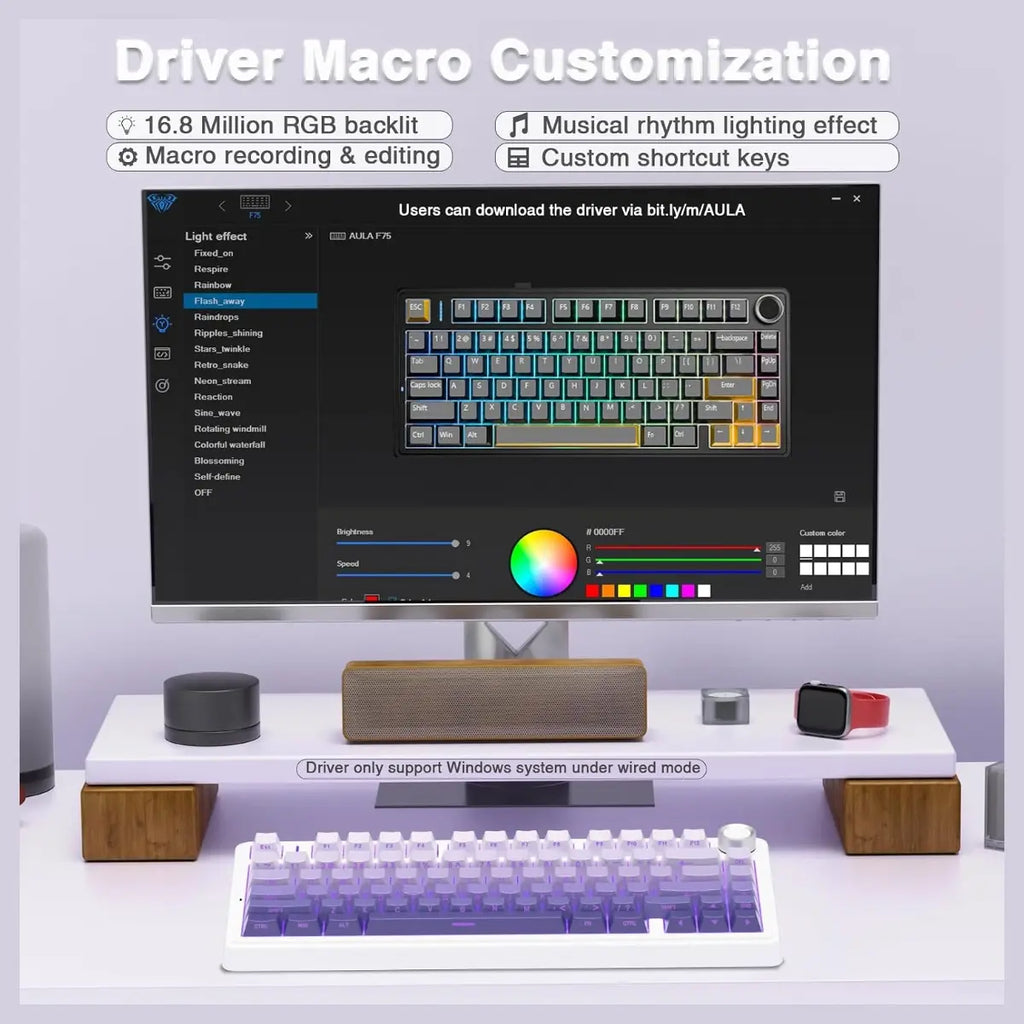 AULA F75 Pro Wireless Mechanical Keyboard, 75% 81-Key Hot Swappable, Tri-Mode Bluetooth 5.0 2.4GHz USB Wired, 4000mAh Battery, 16.8 Million RGB, Star Vector Switch, Gradient Purple