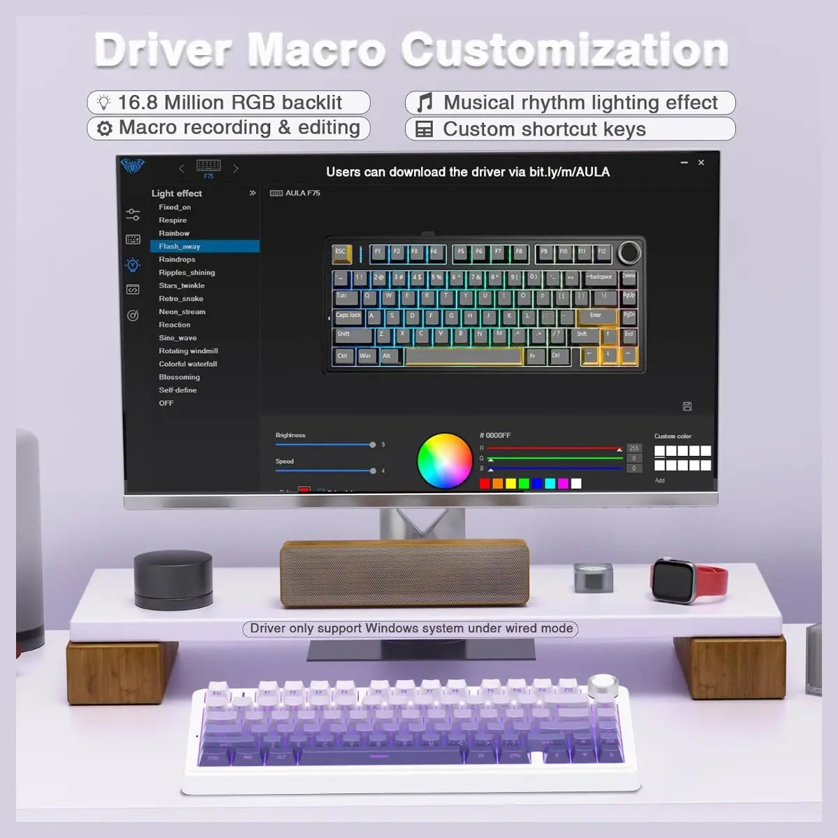 AULA F75 Pro Wireless Mechanical Keyboard, 75% 81-Key Hot Swappable, Tri-Mode Bluetooth 5.0 2.4GHz USB Wired, 4000mAh Battery, 16.8 Million RGB, Star Vector Switch, Gradient Purple