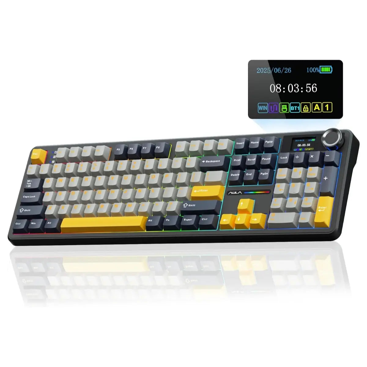 AULA F108 Pro Wireless Mechanical Keyboard, Smart TFT Display Screen and Multi-Function Knob, Tri-Mode BT5.0 2.4GHz USB-C, 1000Hz Polling Rate, Hot Swappable, 8000mAh Battery, 104 Keys, RGB Backlit, PBT Keycaps, Reaper Switch, Gray and Yellow