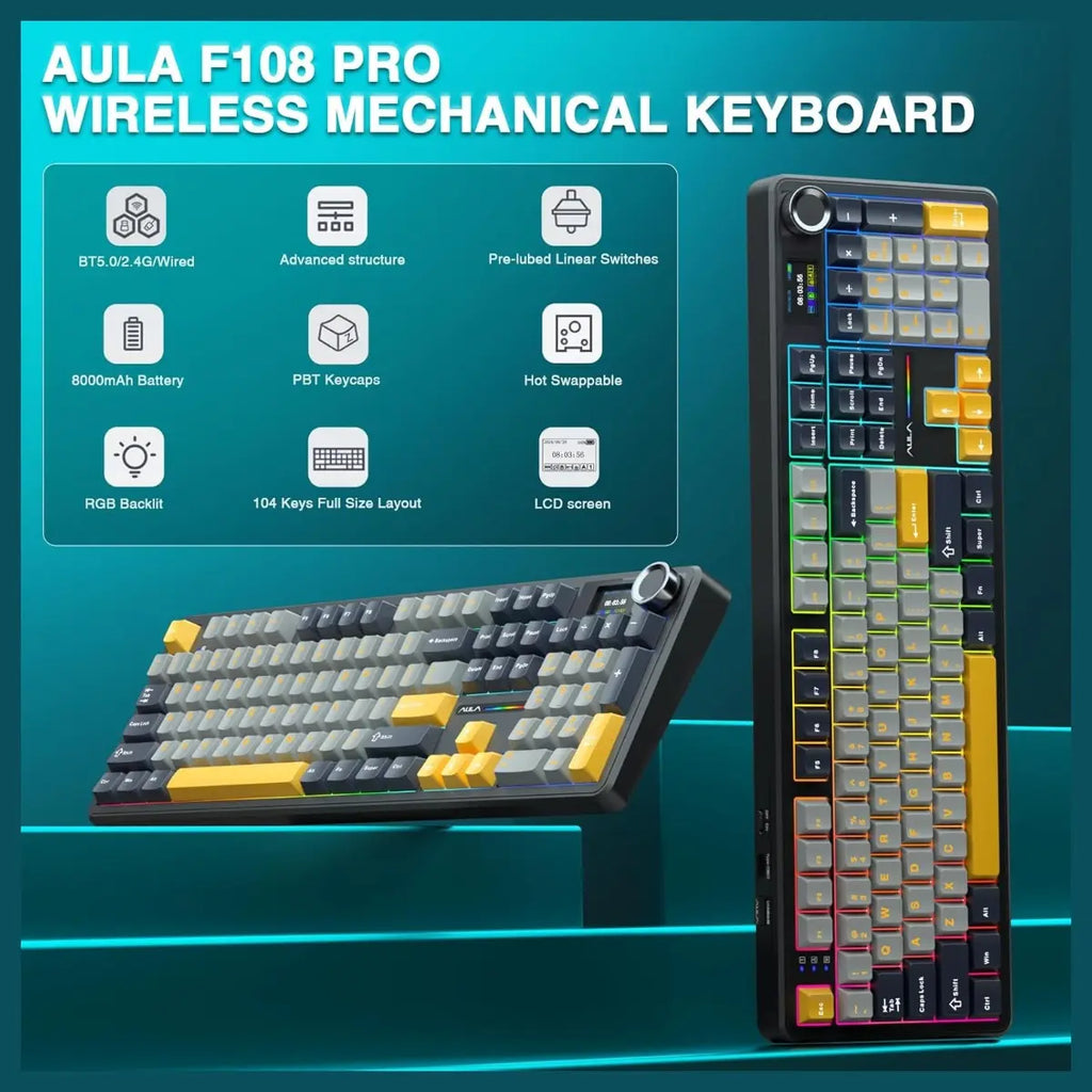 AULA F108 Pro Wireless Mechanical Keyboard, Smart TFT Display Screen and Multi-Function Knob, Tri-Mode BT5.0 2.4GHz USB-C, 1000Hz Polling Rate, Hot Swappable, 8000mAh Battery, 104 Keys, RGB Backlit, PBT Keycaps, Reaper Switch, Gray and Yellow