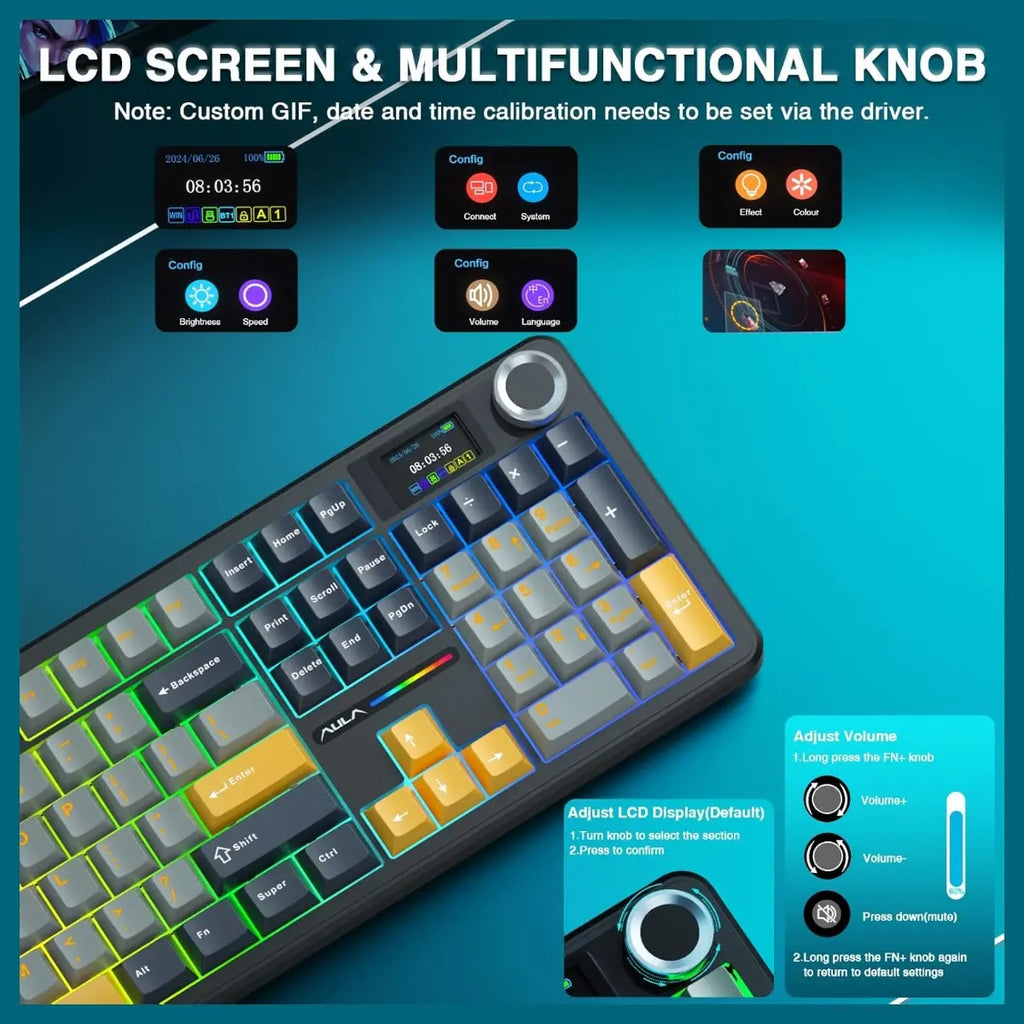 AULA F108 Pro Wireless Mechanical Keyboard, Smart TFT Display Screen and Multi-Function Knob, Tri-Mode BT5.0 2.4GHz USB-C, 1000Hz Polling Rate, Hot Swappable, 8000mAh Battery, 104 Keys, RGB Backlit, PBT Keycaps, Reaper Switch, Gray and Yellow