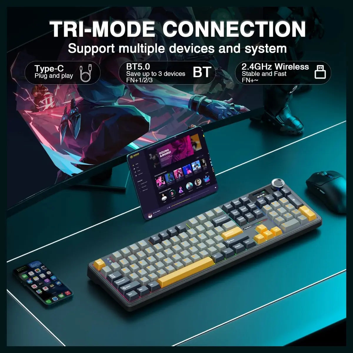 AULA F108 Pro Wireless Mechanical Keyboard, Smart TFT Display Screen and Multi-Function Knob, Tri-Mode BT5.0 2.4GHz USB-C, 1000Hz Polling Rate, Hot Swappable, 8000mAh Battery, 104 Keys, RGB Backlit, PBT Keycaps, Reaper Switch, Gray and Yellow