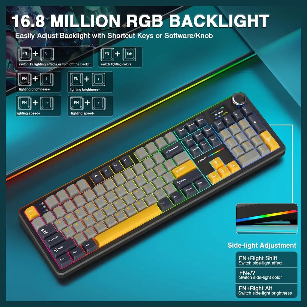 AULA F108 Pro Wireless Mechanical Keyboard, Smart TFT Display Screen and Multi-Function Knob, Tri-Mode BT5.0 2.4GHz USB-C, 1000Hz Polling Rate, Hot Swappable, 8000mAh Battery, 104 Keys, RGB Backlit, PBT Keycaps, Reaper Switch, Gray and Yellow