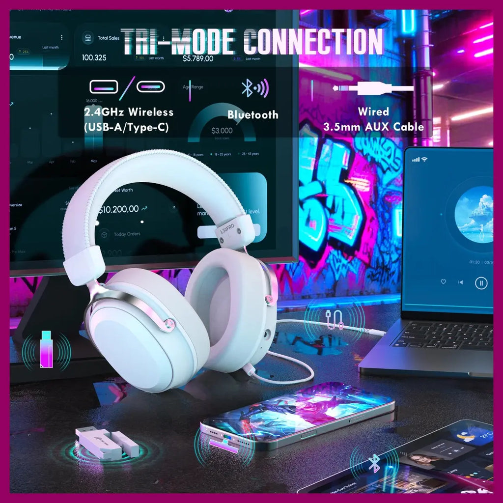 ATTACK SHARK L30 PRO Wireless Gaming Headset, Tri-Mode Connectivity 2.4GHz Bluetooth 3.5mm AUX, 7.1 Surround Sound, 50mm Drivers, 20ms Low Latency, 1100mAh Battery, White