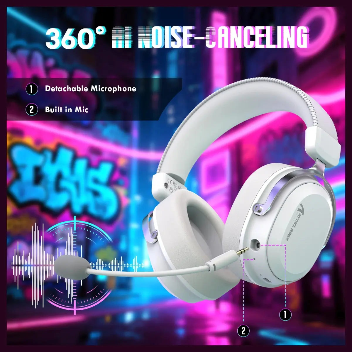 ATTACK SHARK L30 PRO Wireless Gaming Headset, Tri-Mode Connectivity 2.4GHz Bluetooth 3.5mm AUX, 7.1 Surround Sound, 50mm Drivers, 20ms Low Latency, 1100mAh Battery, White