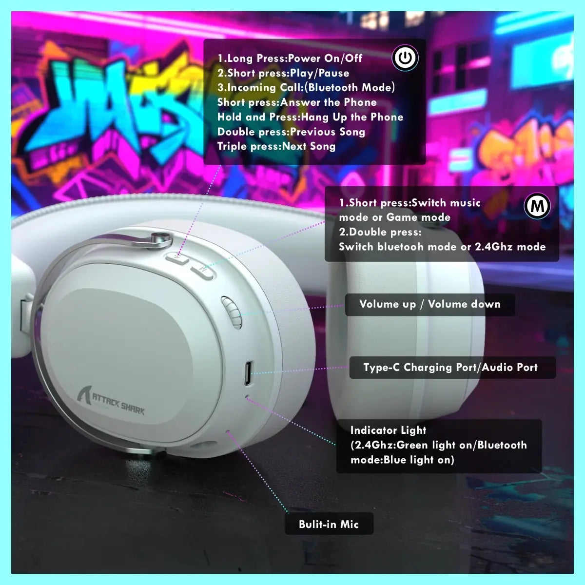 ATTACK SHARK L30 PRO Wireless Gaming Headset, Tri-Mode Connectivity 2.4GHz Bluetooth 3.5mm AUX, 7.1 Surround Sound, 50mm Drivers, 20ms Low Latency, 1100mAh Battery, White