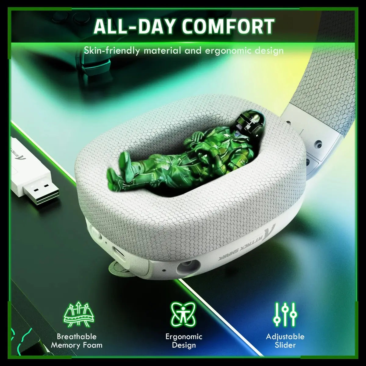 ATTACK SHARK L80 PRO Wireless Gaming Headset, 20ms Low Latency, Dual Microphone System, 40mm Speaker Drivers, Bluetooth 5.3 2.4GHz and Wired, 300mAh Battery, White