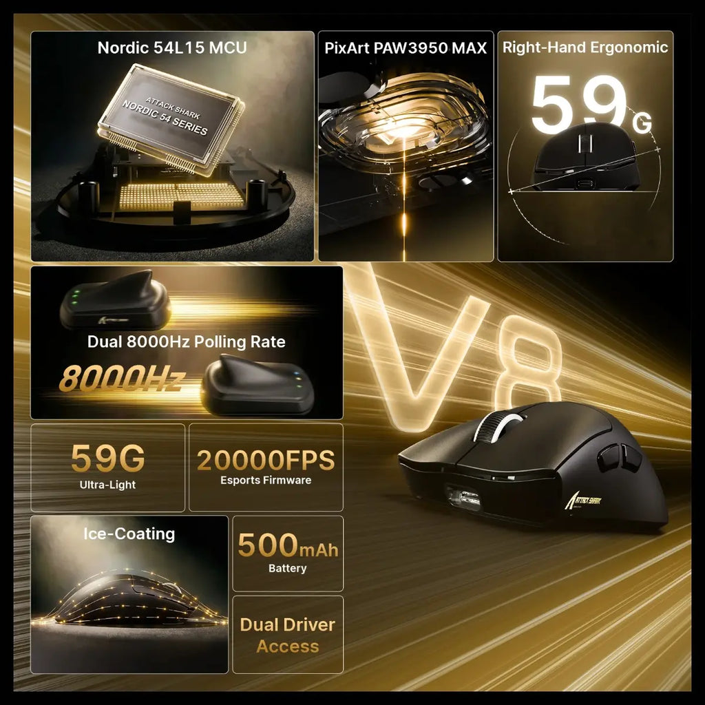 ATTACK SHARK V8 Ultra-Light Ergonomic Wireless Gaming Mouse, PAW3950MAX Sensor, Up to 42000 DPI, Dual 8000Hz Polling Rate Wireless and Wired, Black