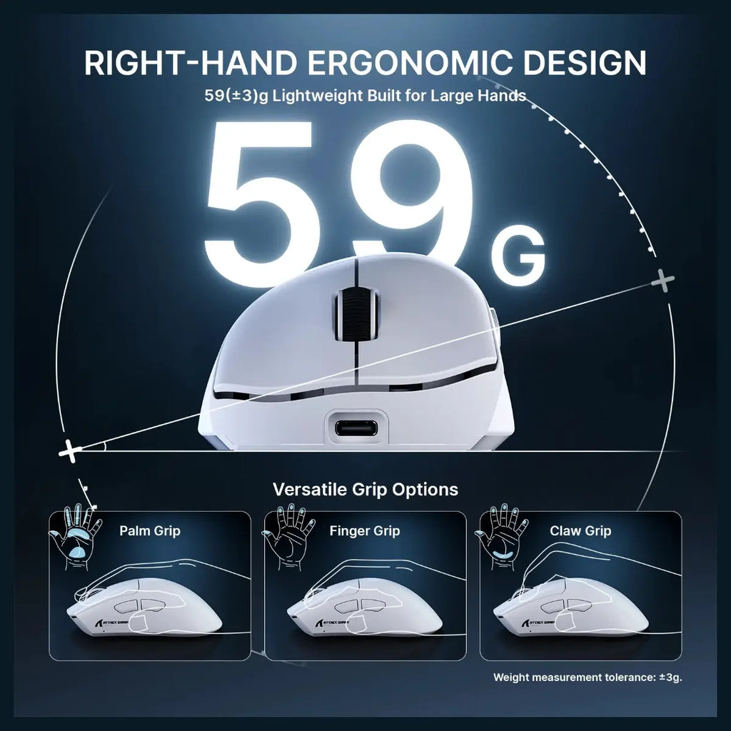 ATTACK SHARK V8 Ultra-Light Ergonomic Wireless Gaming Mouse, PAW3950MAX Sensor, Up to 42000 DPI, Dual 8000Hz Polling Rate Wireless and Wired, 59+-3g, White