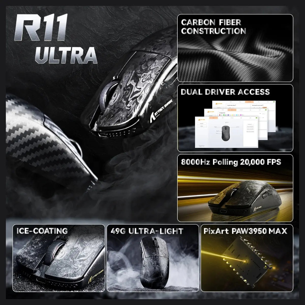 ATTACK SHARK R11 ULTRA Carbon Fiber Wireless Gaming Mouse, PAW3950MAX Sensor, Wireless 8000Hz Polling Rate, 49g Superlight, Omron Optical Micro Switches, Weave Black