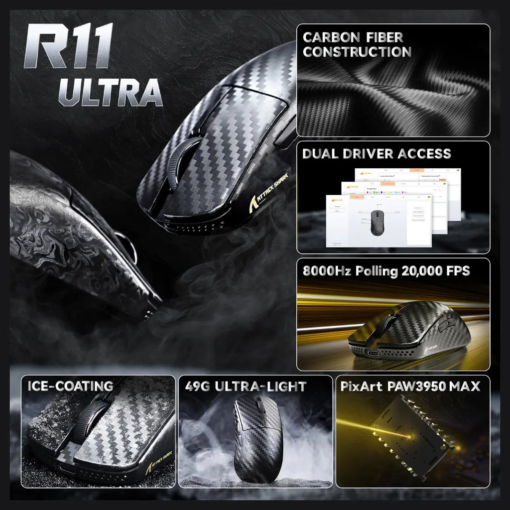 ATTACK SHARK R11 ULTRA Carbon Fiber Wireless Gaming Mouse, PAW3950MAX Sensor, Wireless 8000Hz Polling Rate, 49g Superlight, Omron Optical Micro Switches, Weave Black