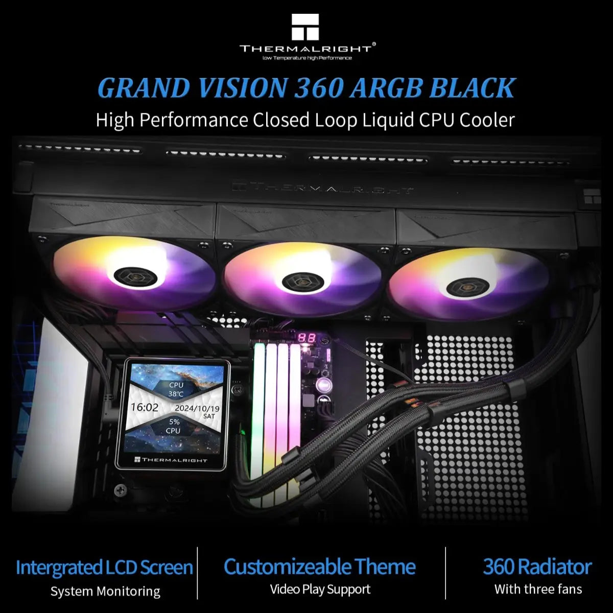 Thermalright Grand Vision 360 ARGB CPU AIO Cooler, 3.4 Inch IPS LCD 480x480, 360mm Aluminum Radiator, 120mm PWM Fan, for AM4 and AM5 and Intel LGA1700 and 1851, Black