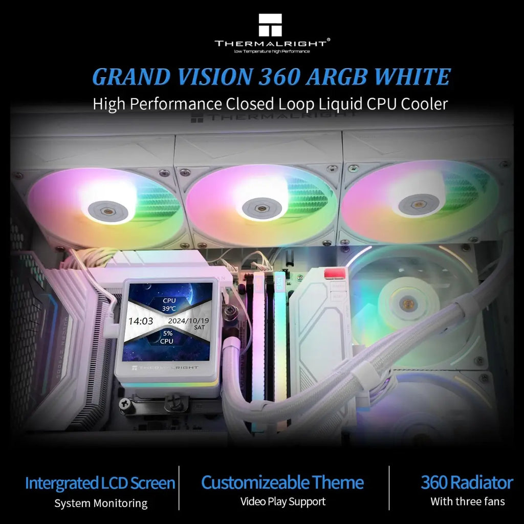 Thermalright GRAND Vision 360 ARGB White CPU AIO Cooler, 360 Specification Water Cooler System, 3.4 Inch IPS LCD 480x480, for AM4 and AM5 and Intel LGA1700 and 1851, White