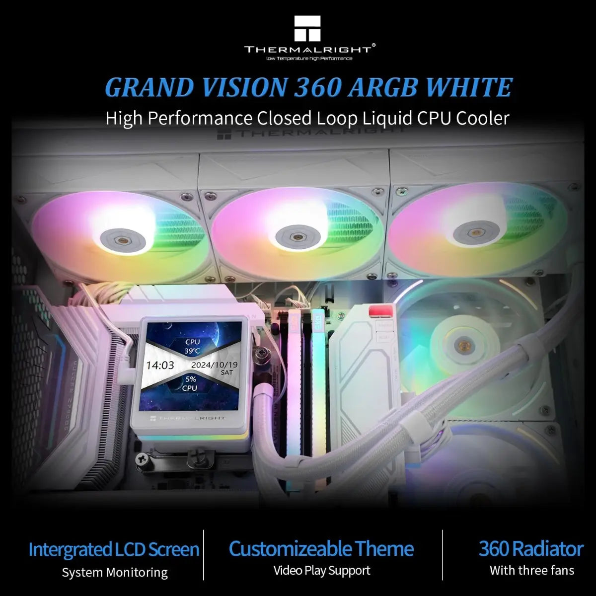Thermalright GRAND Vision 360 ARGB White CPU AIO Cooler, 360 Specification Water Cooler System, 3.4 Inch IPS LCD 480x480, for AM4 and AM5 and Intel LGA1700 and 1851, White