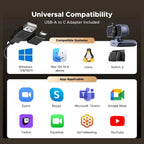UGREEN 4K Webcam for PC, 8MP CMOS 4K/30FPS, 1080P 60FPS, PDAF Autofocus, Dual Microphones, Privacy Cover, 70 Degree FOV, USB A to USB C Adapter, Plug and Play, 65381