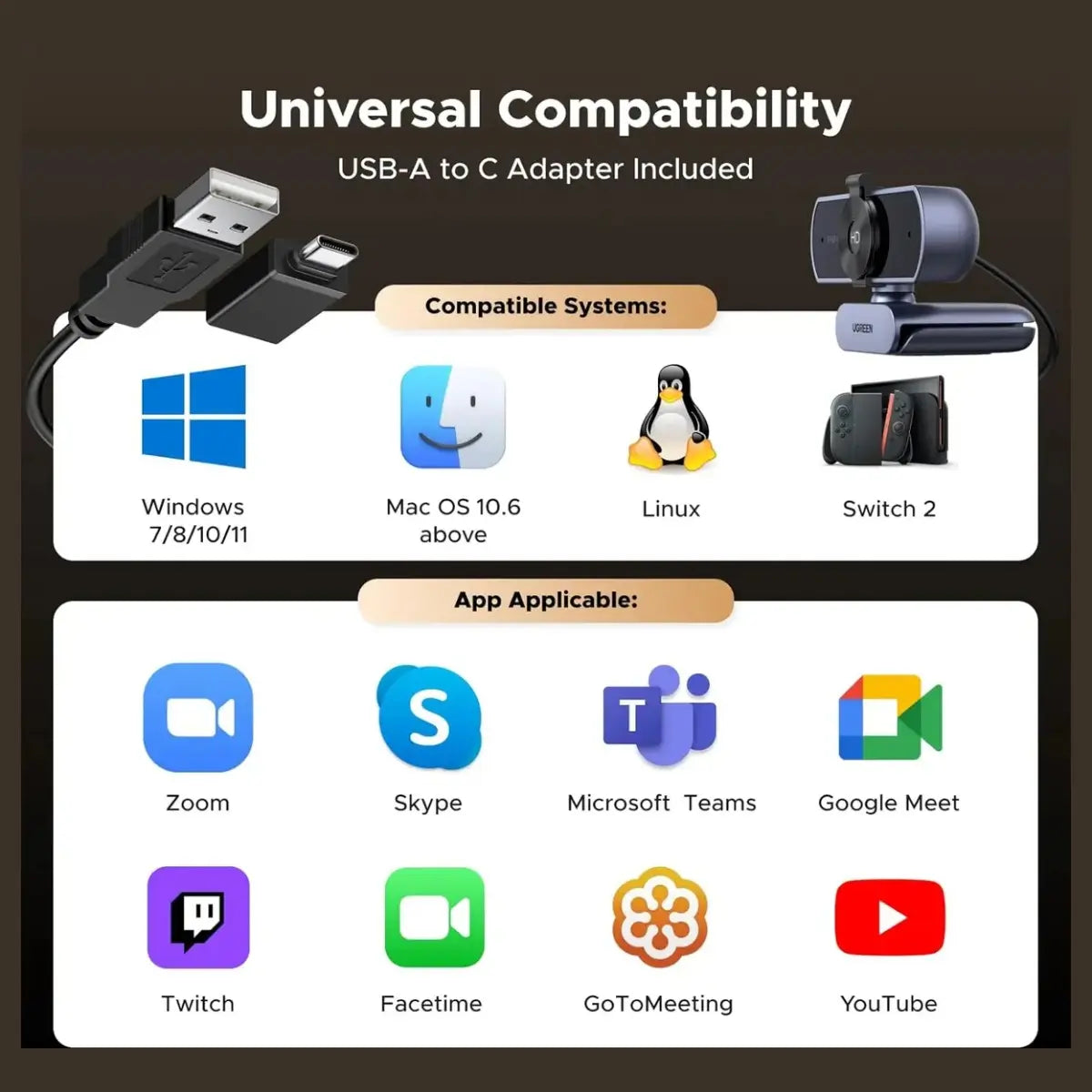 UGREEN 4K Webcam for PC, 8MP CMOS 4K/30FPS, 1080P 60FPS, PDAF Autofocus, Dual Microphones, Privacy Cover, 70 Degree FOV, USB A to USB C Adapter, Plug and Play, 65381