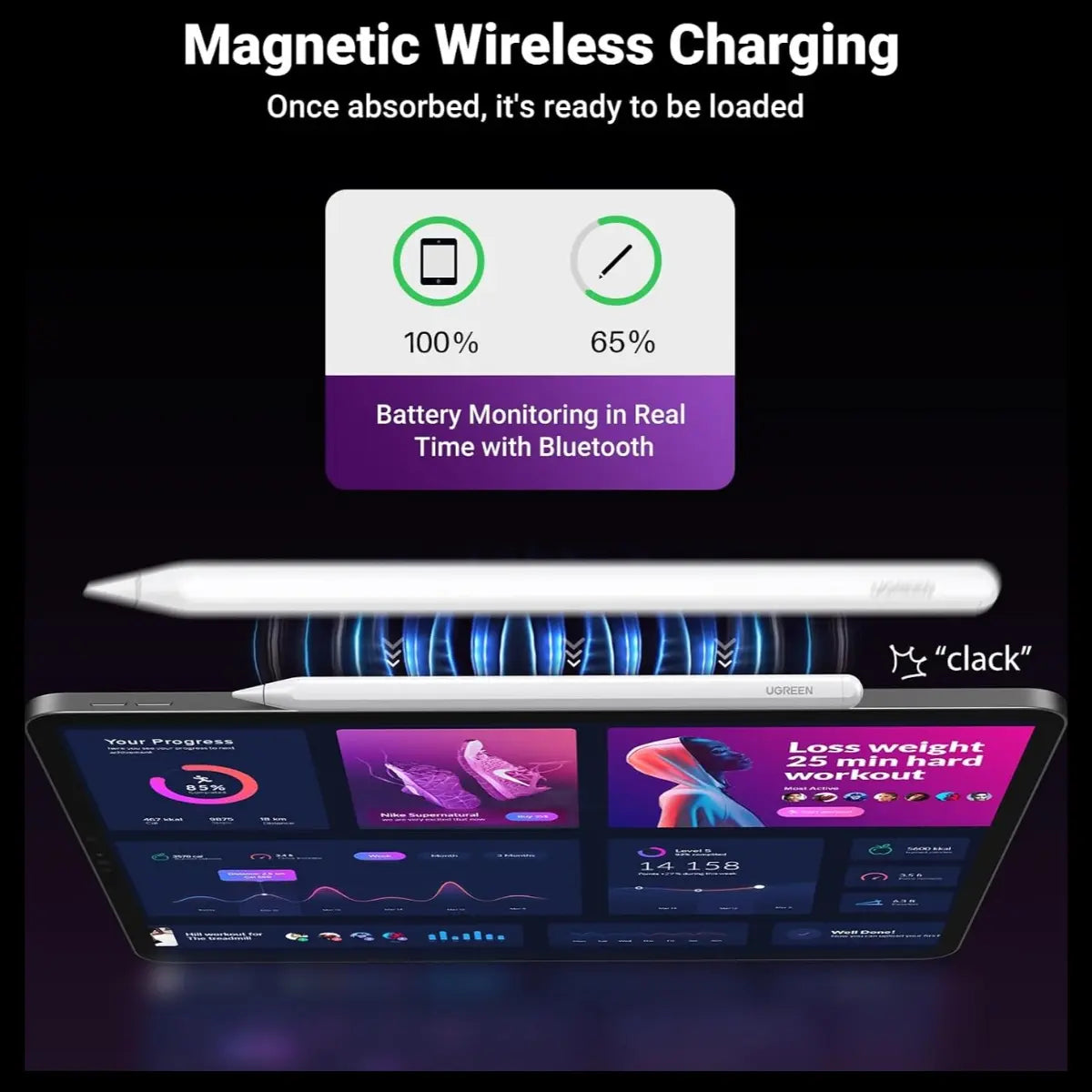 UGREEN Wireless Charging Smart Stylus Pen for iPad, Magnetic Wireless Charging, 9 Hours Battery Life, 1.5 Hours Charging Time, Tilt Function, Full-Screen Palm Rejection, LP653 15910