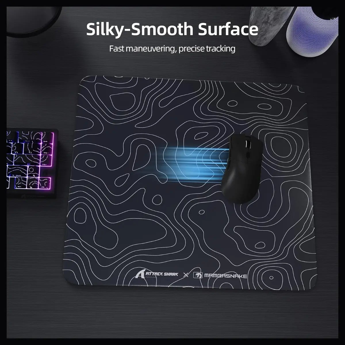 Attack Shark CM05 Contour Glass Gaming Mousepad, Nano-Micro-Etched Texture, Smooth Glass Surface, High Accuracy Fast-Moving, Anti-Scratch, PU Leather Non-Slip Base, 450x400mm, Black Contour