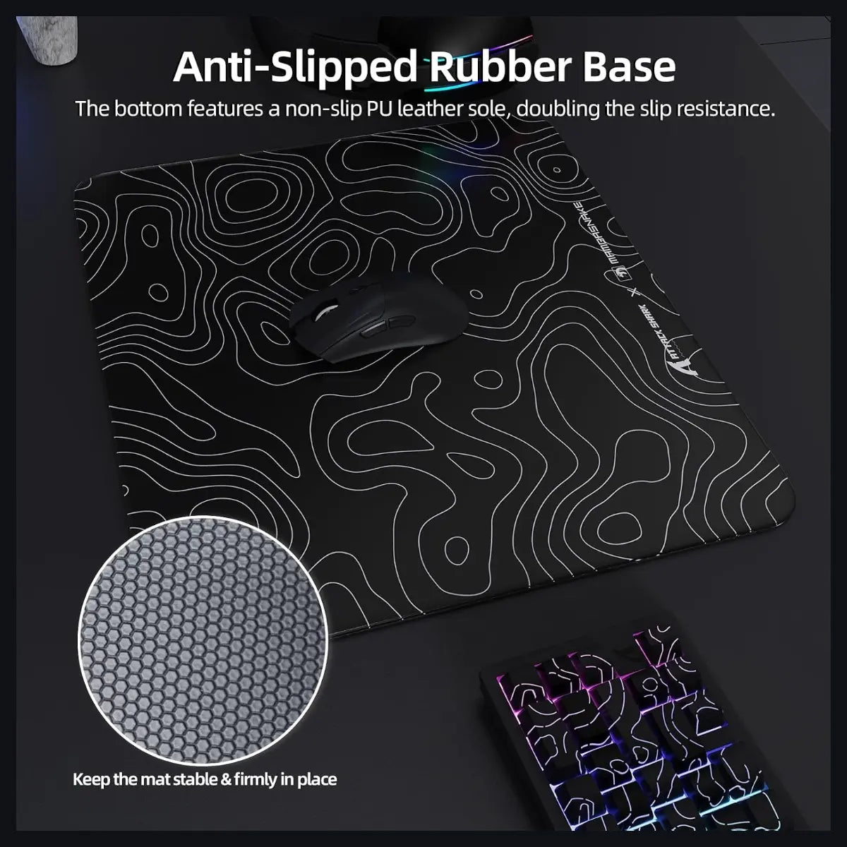 Attack Shark CM05 Contour Glass Gaming Mousepad, Nano-Micro-Etched Texture, Smooth Glass Surface, High Accuracy Fast-Moving, Anti-Scratch, PU Leather Non-Slip Base, 450x400mm, Black Contour
