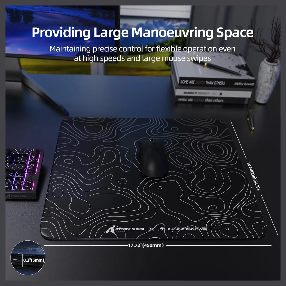 Attack Shark CM05 Contour Glass Gaming Mousepad, Nano-Micro-Etched Texture, Smooth Glass Surface, High Accuracy Fast-Moving, Anti-Scratch, PU Leather Non-Slip Base, 450x400mm, Black Contour