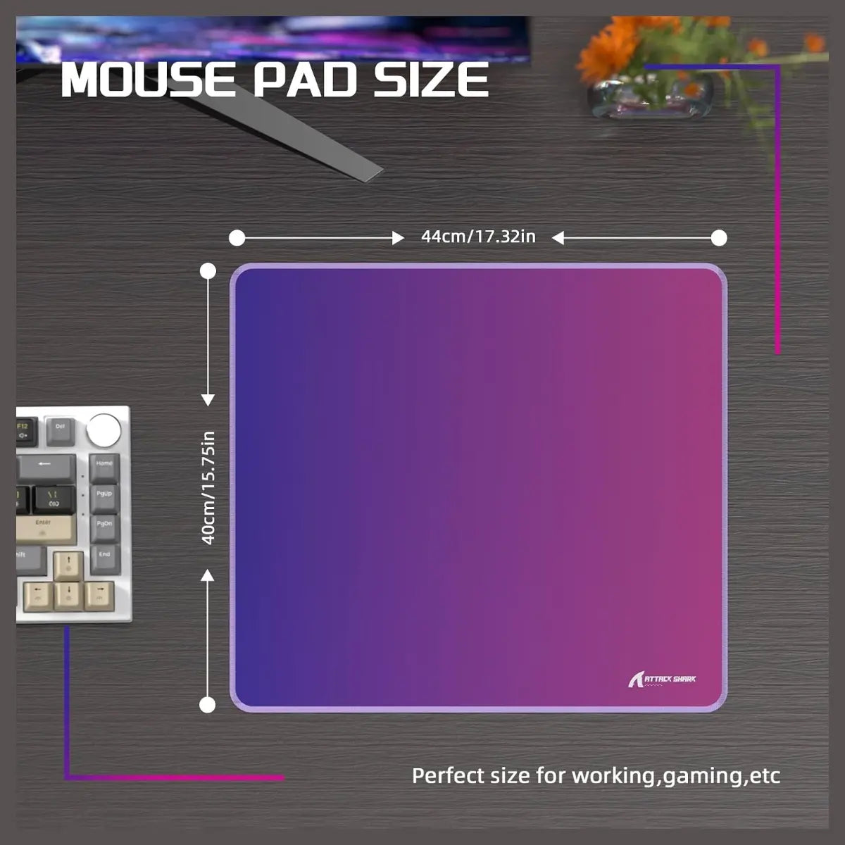 ATTACK SHARK CM03 Gaming Mouse Pad, Rainbow Film Coated Surface, Smooth Glide and Precise Tracking, Water-Resistant, Non-Slip Rubber Base, 16.1" x 12.2" x 0.16" in, Purple