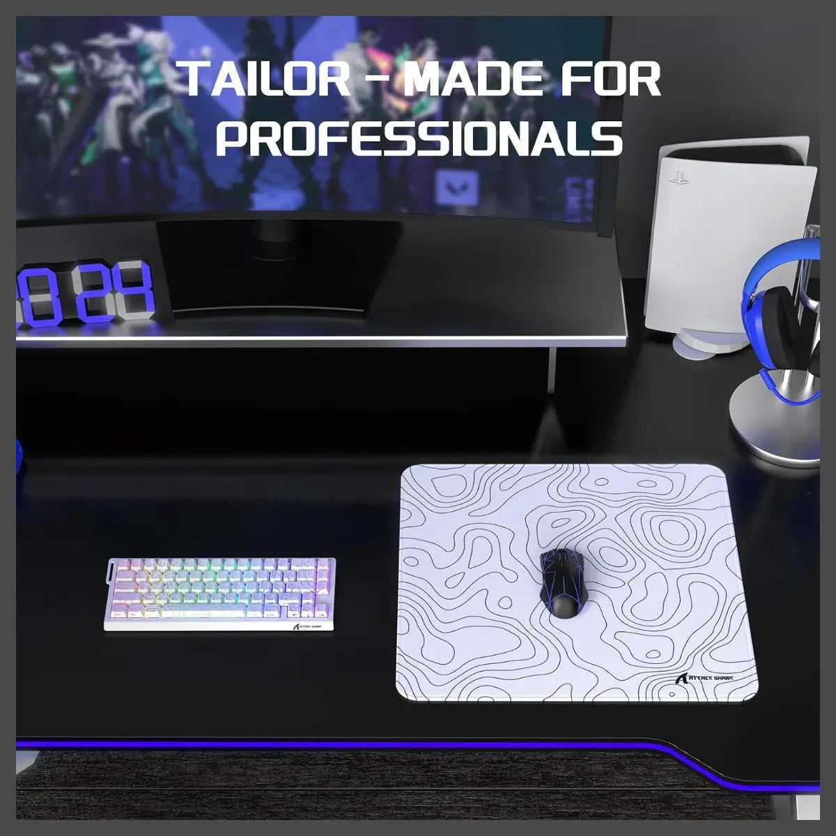 ATTACK SHARK CM02 Medium Gaming Mouse Pad, 450x400x4mm, Non-Slip Rubber Base, Waterproof Rainbow Film Coating, Precision-Stitched 360-Degree Locked Edge, White Contour