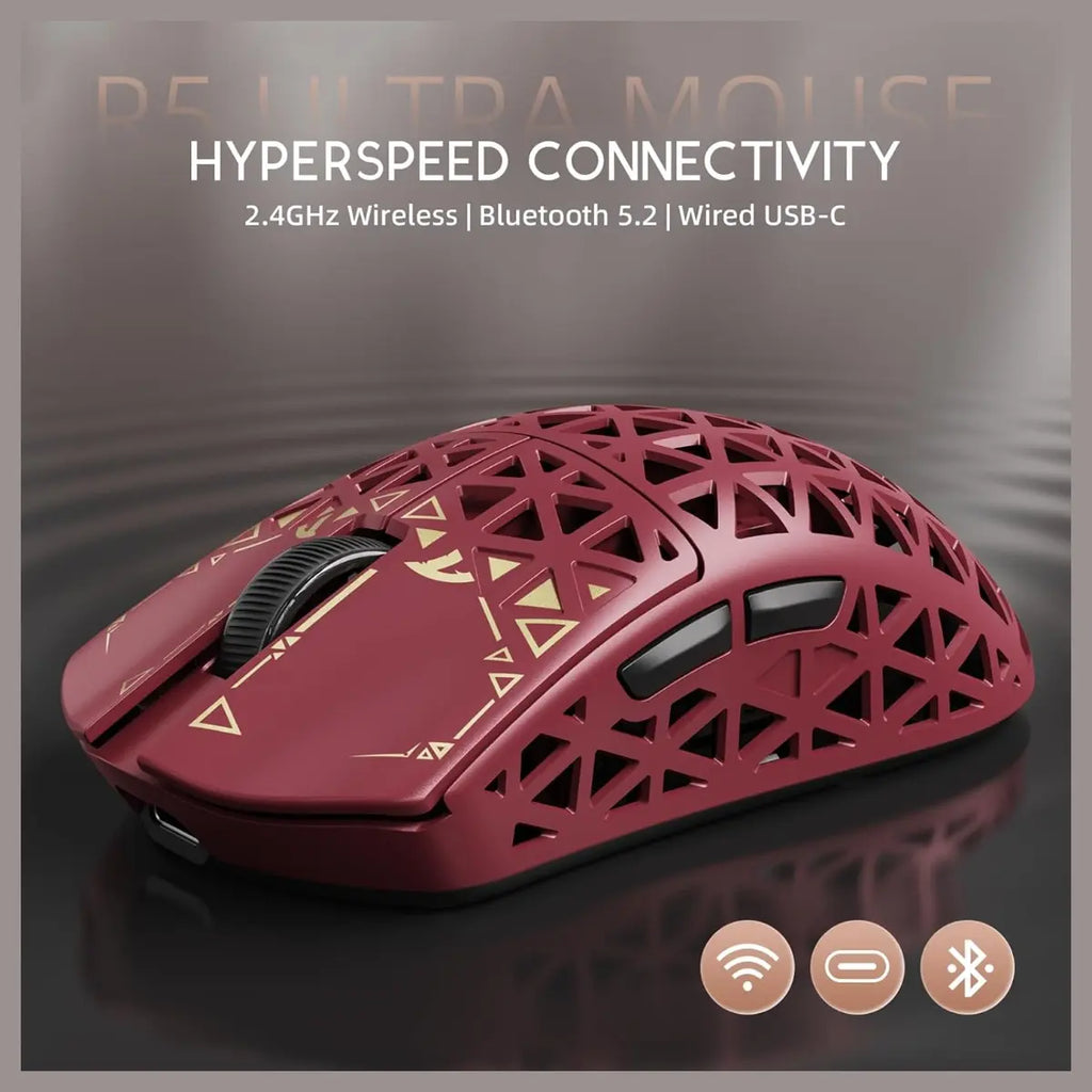 ATTACK SHARK R5 Ultra Wireless Gaming Mouse, 42K DPI PAW3950 MAX Sensor, 8K Polling Rate, 39g Carbon Fiber, Wired Bluetooth and 2.4GHz, Red