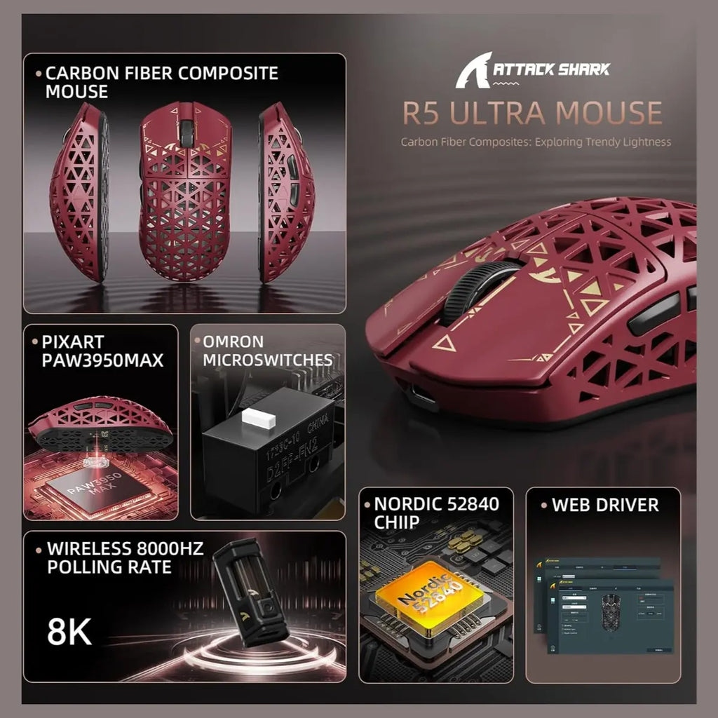 ATTACK SHARK R5 Ultra Wireless Gaming Mouse, 42K DPI PAW3950 MAX Sensor, 8K Polling Rate, 39g Carbon Fiber, Wired Bluetooth and 2.4GHz, Red