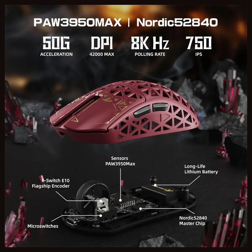 ATTACK SHARK R5 Ultra Wireless Gaming Mouse, 42K DPI PAW3950 MAX Sensor, 8K Polling Rate, 39g Carbon Fiber, Wired Bluetooth and 2.4GHz, Red