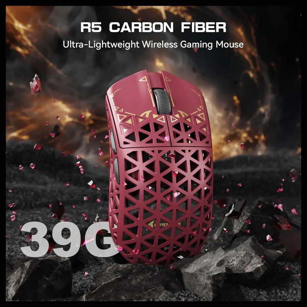 ATTACK SHARK R5 Ultra Wireless Gaming Mouse, 42K DPI PAW3950 MAX Sensor, 8K Polling Rate, 39g Carbon Fiber, Wired Bluetooth and 2.4GHz, Red