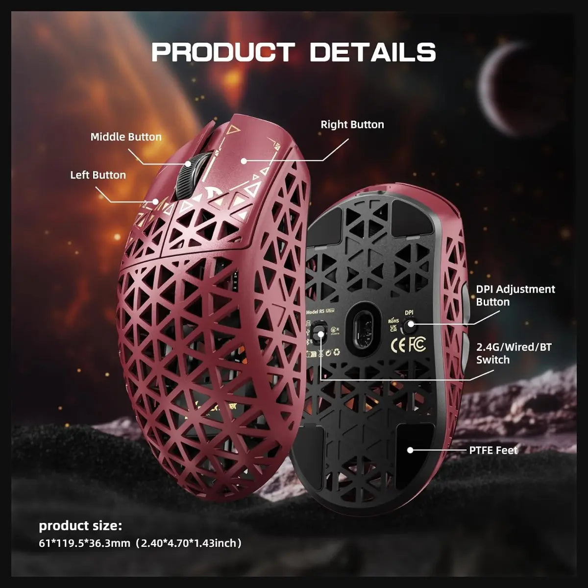 ATTACK SHARK R5 Ultra Wireless Gaming Mouse, 42K DPI PAW3950 MAX Sensor, 8K Polling Rate, 39g Carbon Fiber, Wired Bluetooth and 2.4GHz, Red