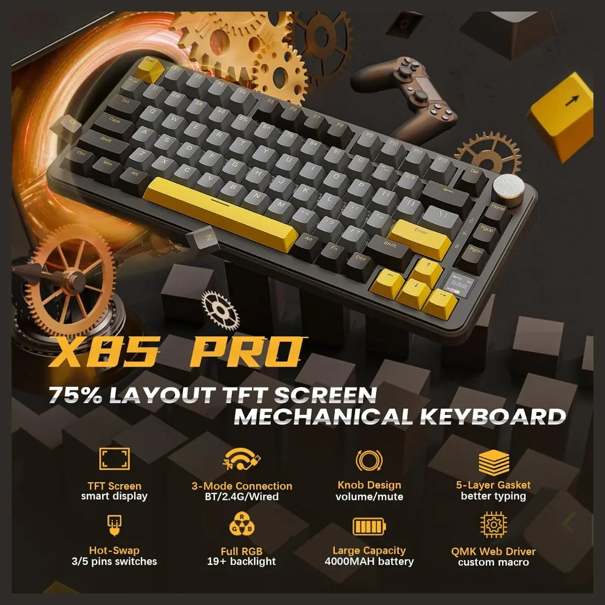 ATTACK SHARK X85 Pro 75% TKL Wireless Mechanical Gaming Keyboard, Triple Mode, TFT Display and CNC Knob, Gasket Mount, Hot Swappable, QMK Web Driven, 4000mAh Battery, Linear Blueberry Switches, Black