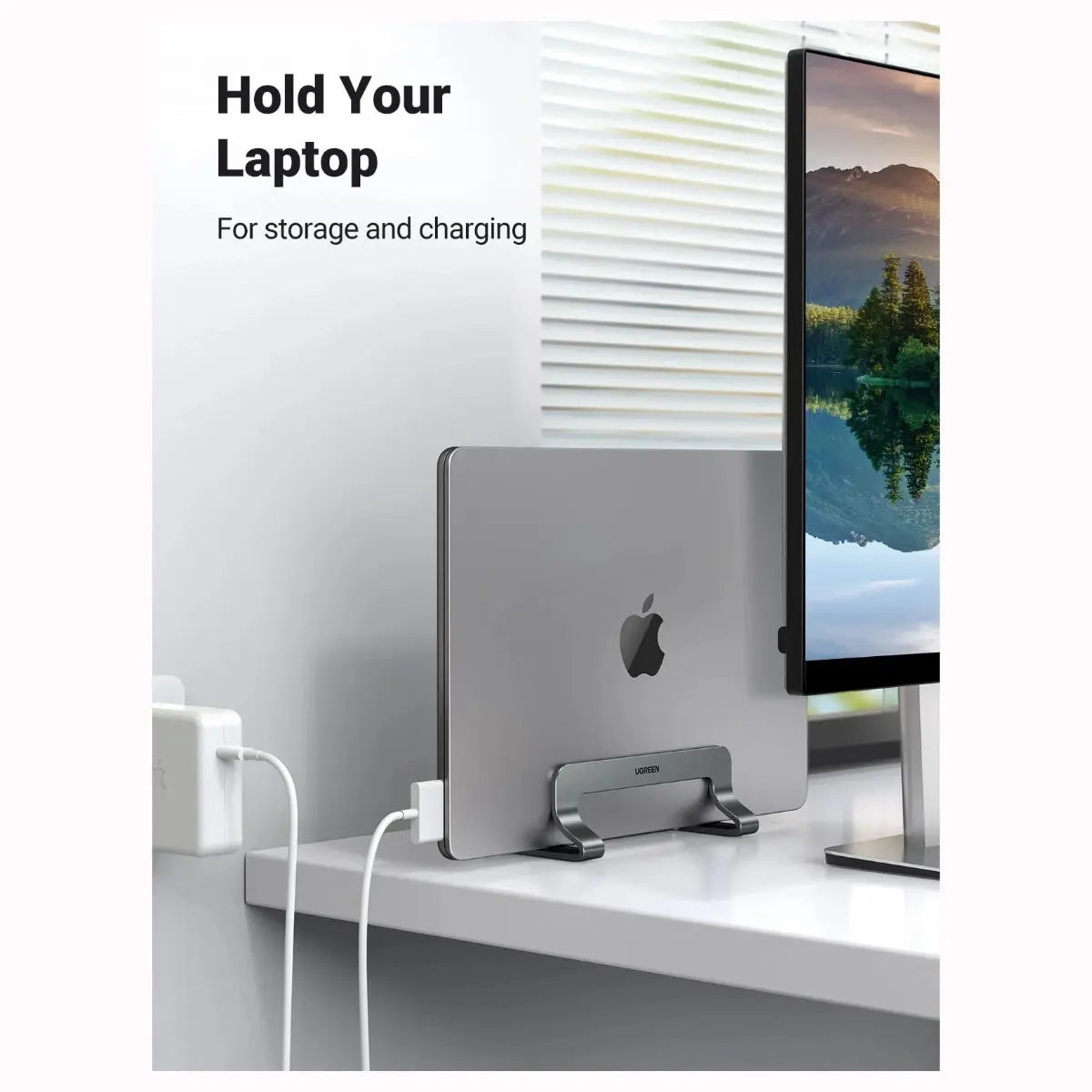 UGREEN Adjustable Vertical Laptop Stand 20471, Adjustable Width 0.5" to 1" for up to 17.3" Laptops, Aluminum Alloy, Anti-Slip Silicone Pads
