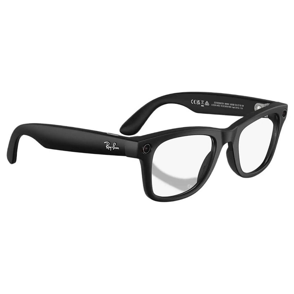 Ray-Ban Meta Wayfarer Sunglasses Gen 2 Smart Glasses, Meta AI, 12MP Ultra-Wide Camera, 3K Ultra HD 30fps Video, Bluetooth 5.3, WiFi 6, 32GB Flash Storage, Size 50, Matte Black Frame, Clear Lenses