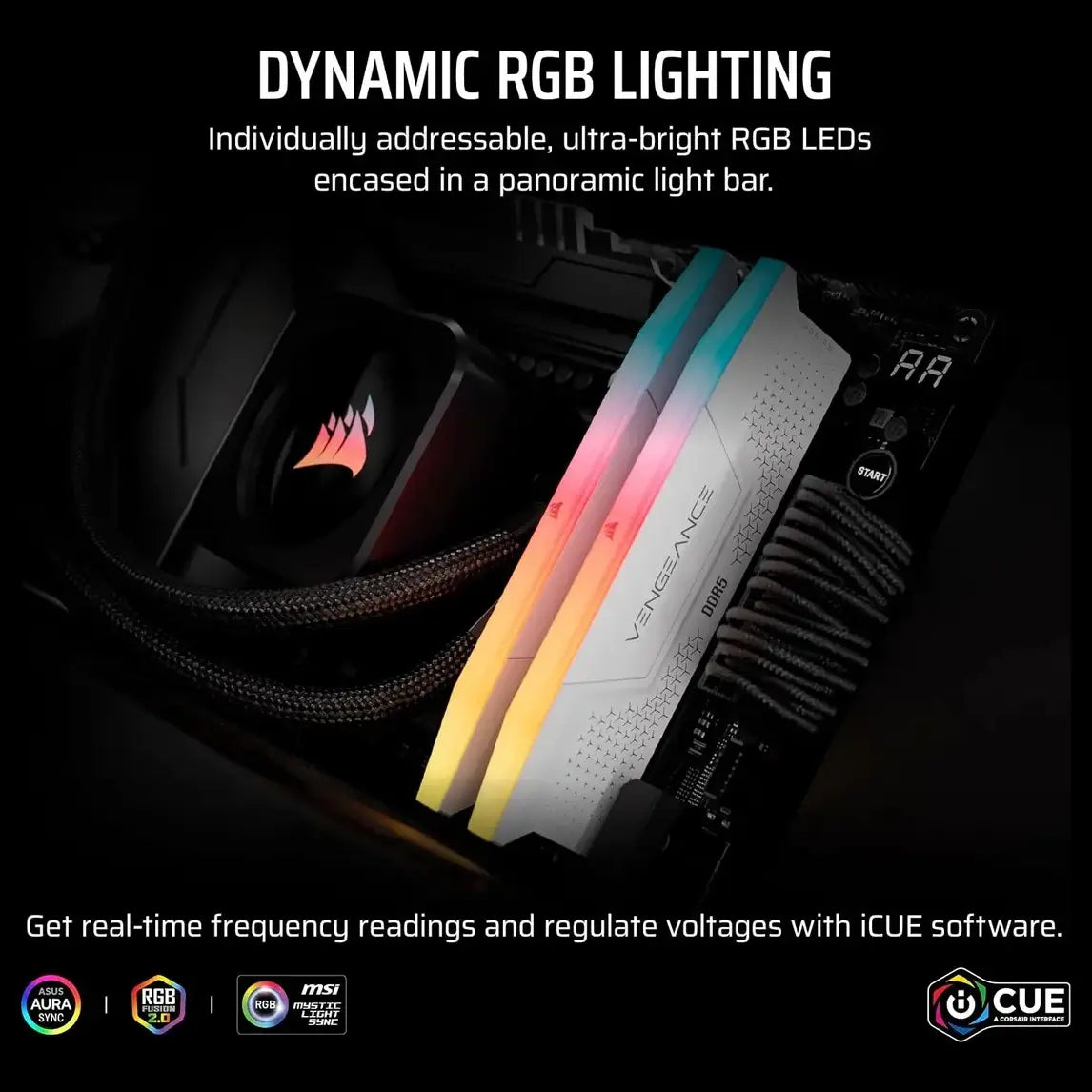 Corsair Vengeance RGB RS DDR5 DRAM Memory Kit, 32GB (2x16GB) 6000MT/s CL36, AMD EXPO and Intel XMP 3.0, White, CMG32GX5M2E6000Z36W