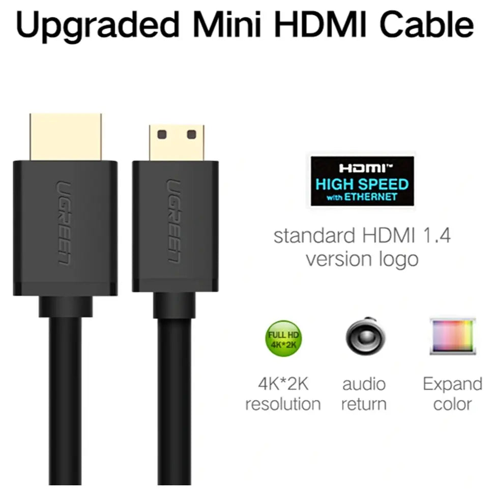 UGREEN 11167 4K Mini HDMI to HDMI Cable, 1.5 Meters, 4K at 30Hz, 3D Support, Ethernet and Audio Return, Gold-Plated Connectors