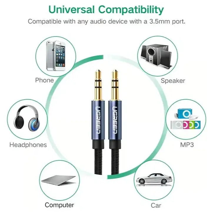 UGREEN 10686 3.5mm Male to Male AUX Audio Cable, 1.5 Meter, Braided Nylon, Gold-Plated Connectors, Blue