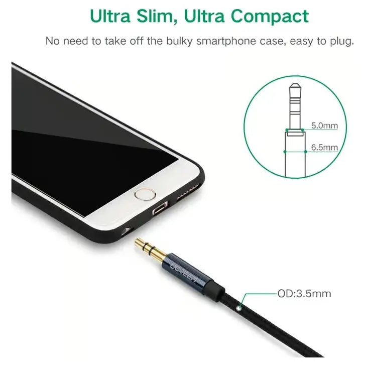 UGREEN 10686 3.5mm Male to Male AUX Audio Cable, 1.5 Meter, Braided Nylon, Gold-Plated Connectors, Blue