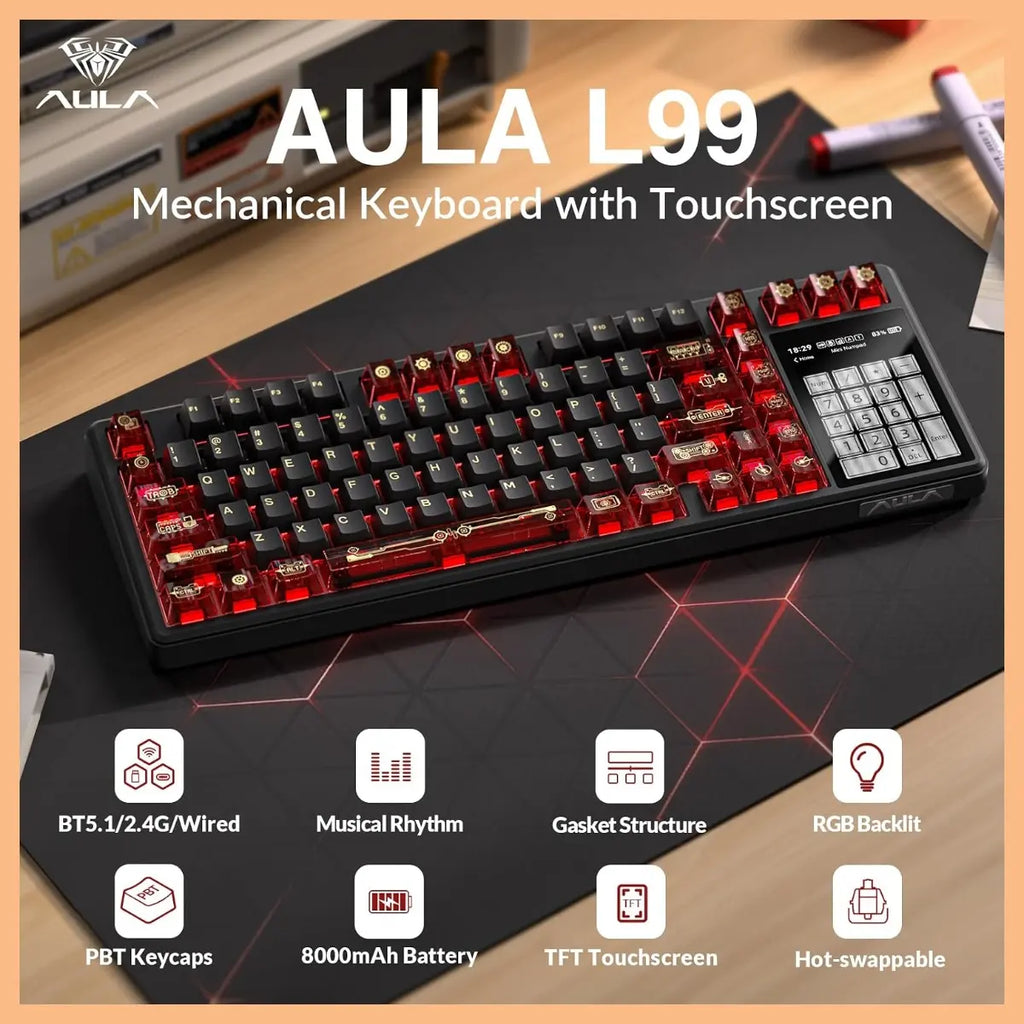 AULA L99 Wireless Mechanical Gaming Keyboard, 96% Layout 3.98" Smart Touch Screen, Tri-Mode USB-C 2.4GHz and BT5.1, 8000mAh Battery, Hot Swappable 84 Keys, Black and Red