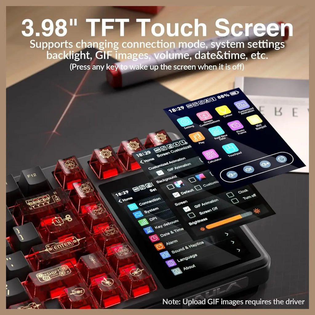 AULA L99 Wireless Mechanical Gaming Keyboard, 96% Layout 3.98" Smart Touch Screen, Tri-Mode USB-C 2.4GHz and BT5.1, 8000mAh Battery, Hot Swappable 84 Keys, Black and Red