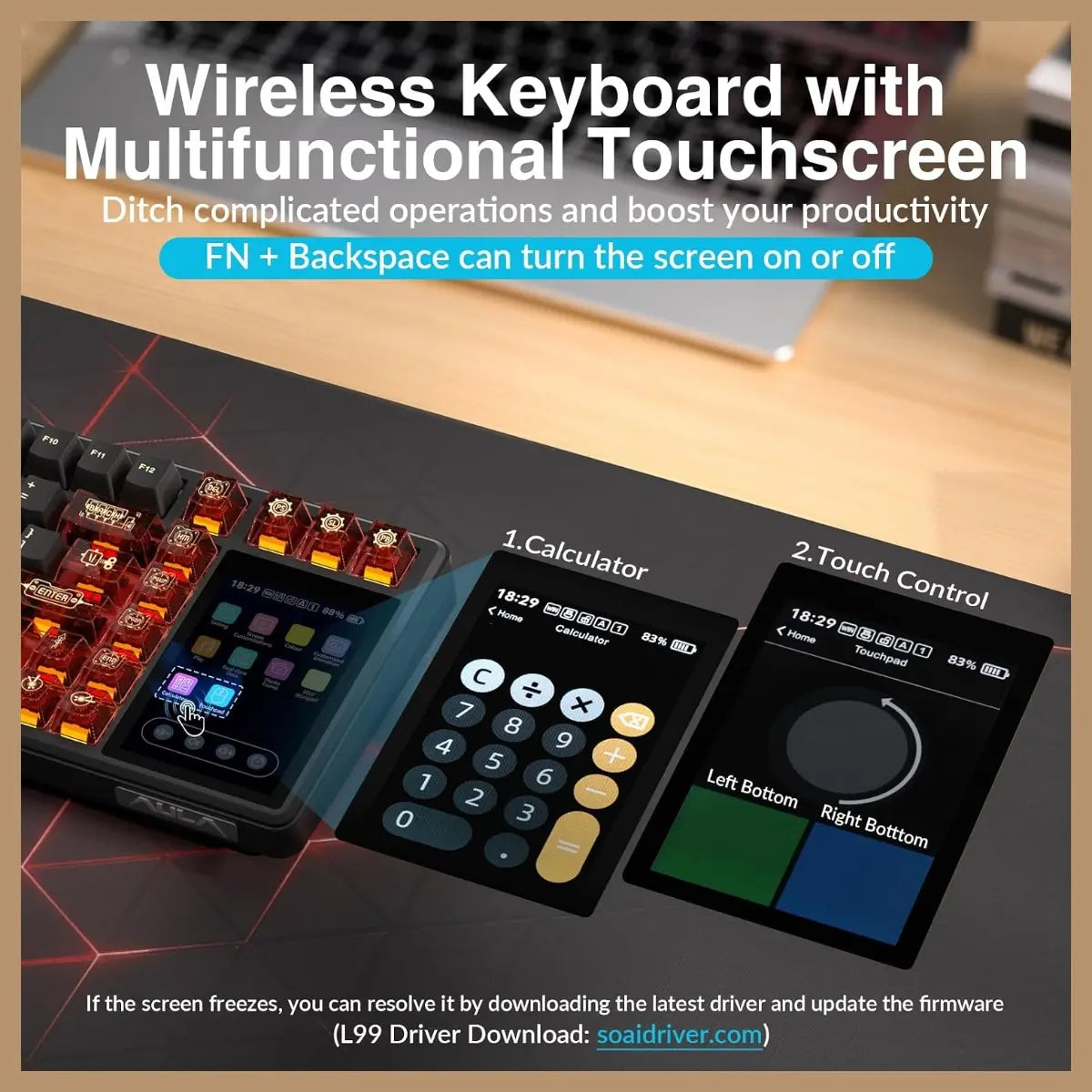 AULA L99 Wireless Mechanical Gaming Keyboard, 96% Layout 3.98" Smart Touch Screen, Tri-Mode USB-C 2.4GHz and BT5.1, 8000mAh Battery, Hot Swappable 84 Keys, Black and Red
