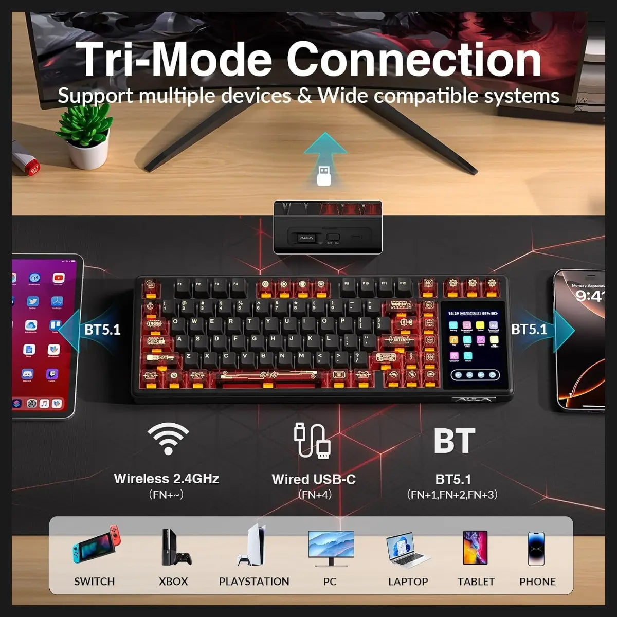 AULA L99 Wireless Mechanical Gaming Keyboard, 96% Layout 3.98" Smart Touch Screen, Tri-Mode USB-C 2.4GHz and BT5.1, 8000mAh Battery, Hot Swappable 84 Keys, Black and Red