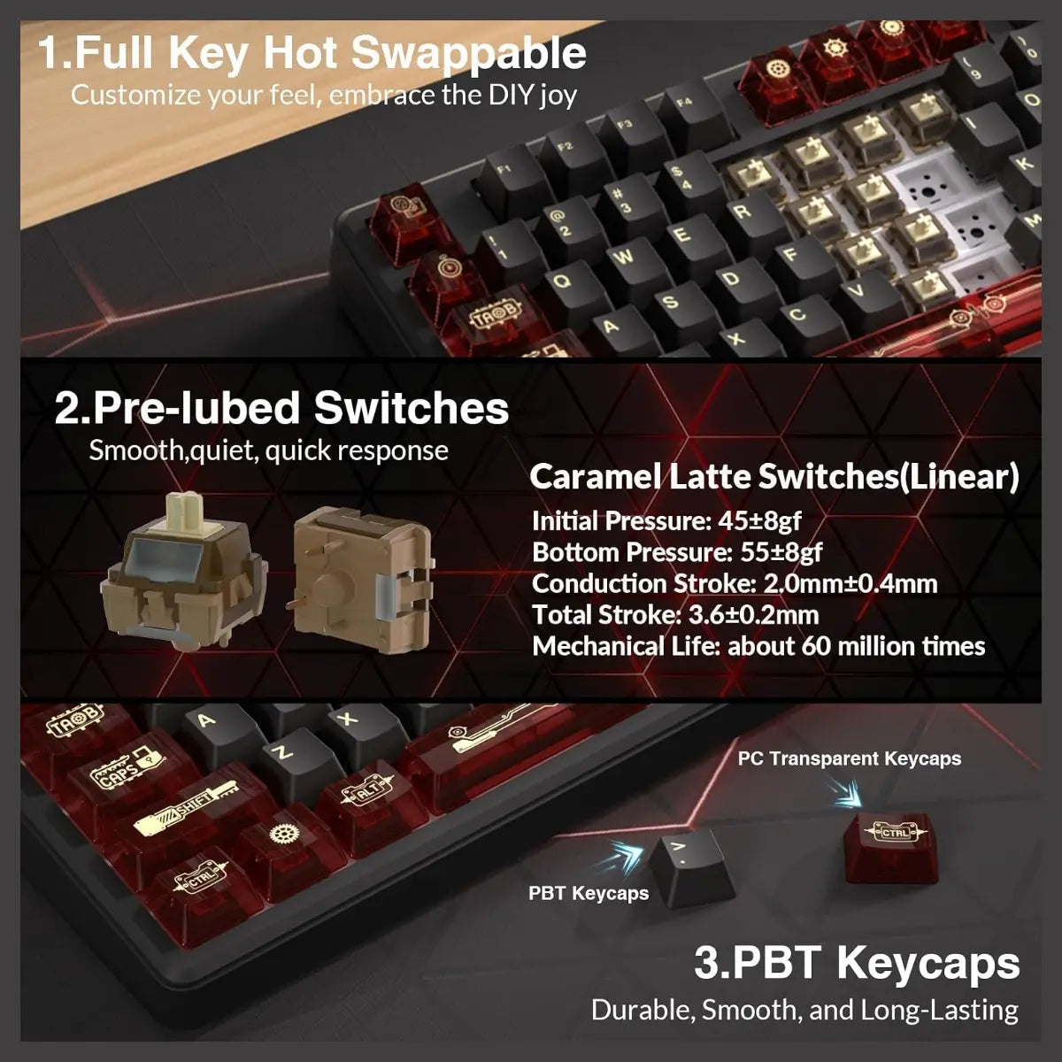 AULA L99 Wireless Mechanical Gaming Keyboard, 96% Layout 3.98" Smart Touch Screen, Tri-Mode USB-C 2.4GHz and BT5.1, 8000mAh Battery, Hot Swappable 84 Keys, Black and Red