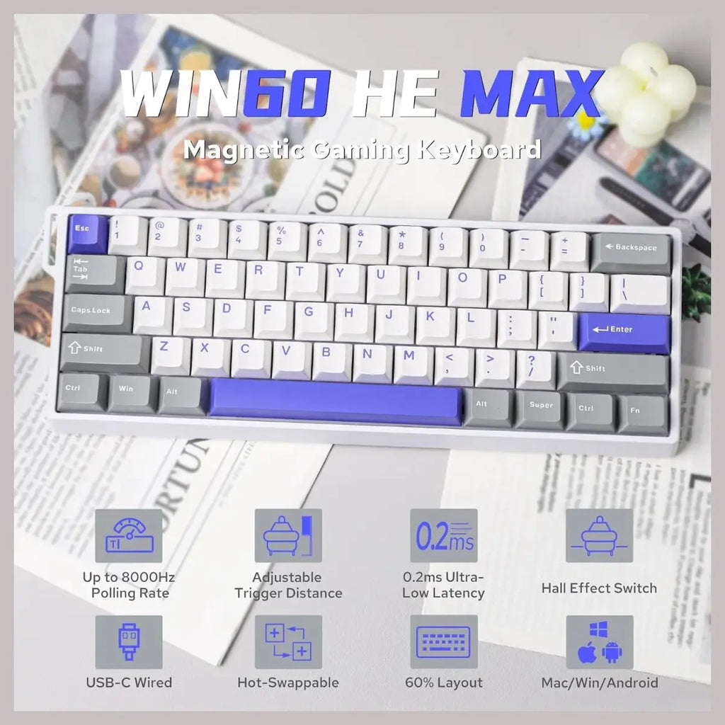 AULA WIN60 HE Max 61-Key RGB 60% Wired Magnetic Switch Gaming Keyboard, Hall Effect Magnetic Switch, 8000Hz Polling Rate, 0.3ms Latency Tested, Grey/White/Blue