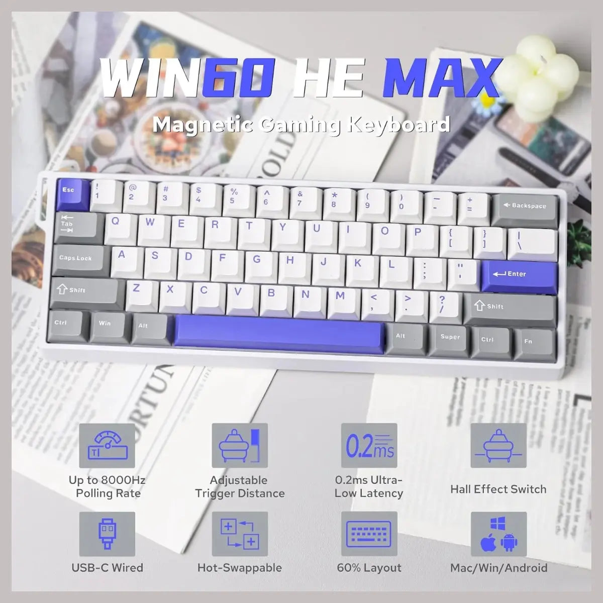 AULA WIN60 HE Max 61-Key RGB 60% Wired Magnetic Switch Gaming Keyboard, Hall Effect Magnetic Switch, 8000Hz Polling Rate, 0.3ms Latency Tested, Grey/White/Blue